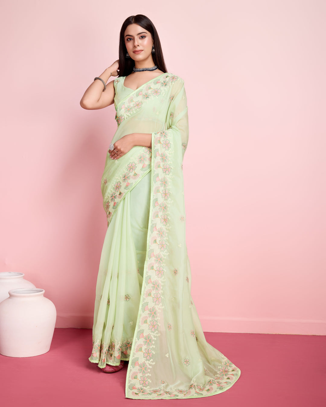 Elegant Organza Saree with Art-Silk Blouse | Thread Embroidery for Weddings