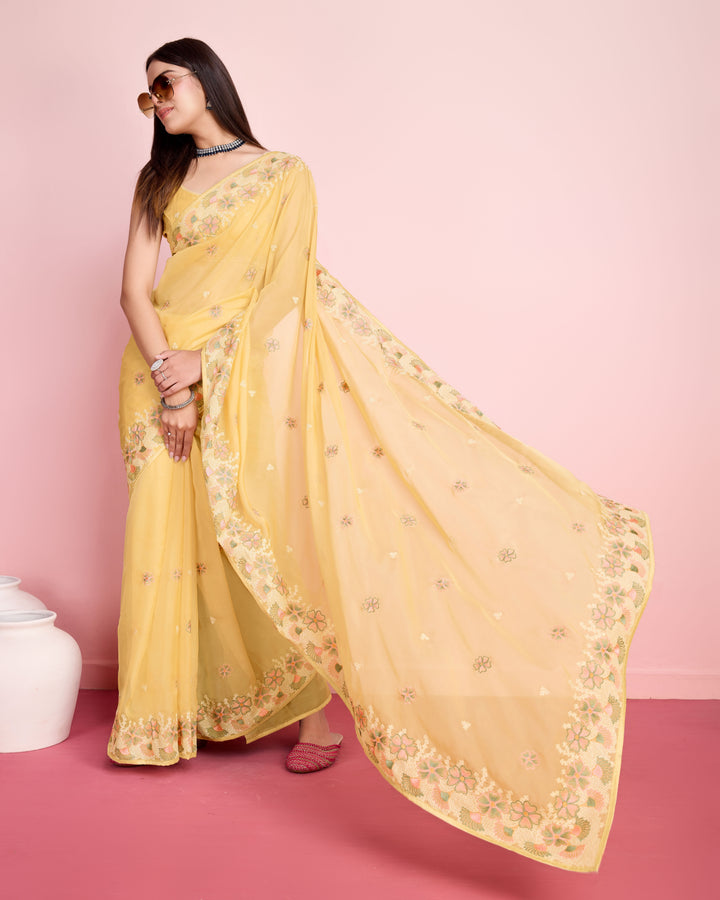 Elegant Organza Saree with Art-Silk Blouse | Thread Embroidery for Weddings