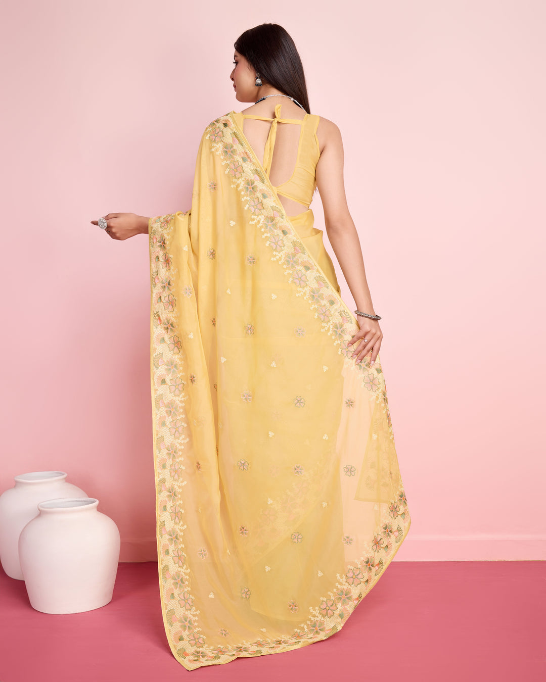 Elegant Organza Saree with Art-Silk Blouse | Thread Embroidery for Weddings