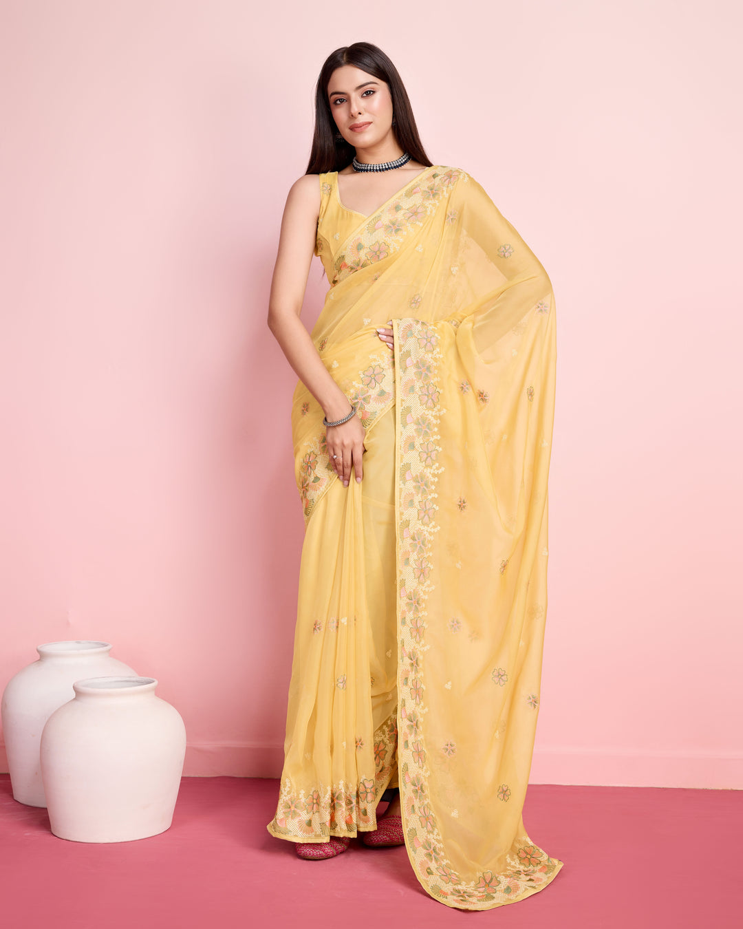 Elegant Organza Saree with Art-Silk Blouse | Thread Embroidery for Weddings