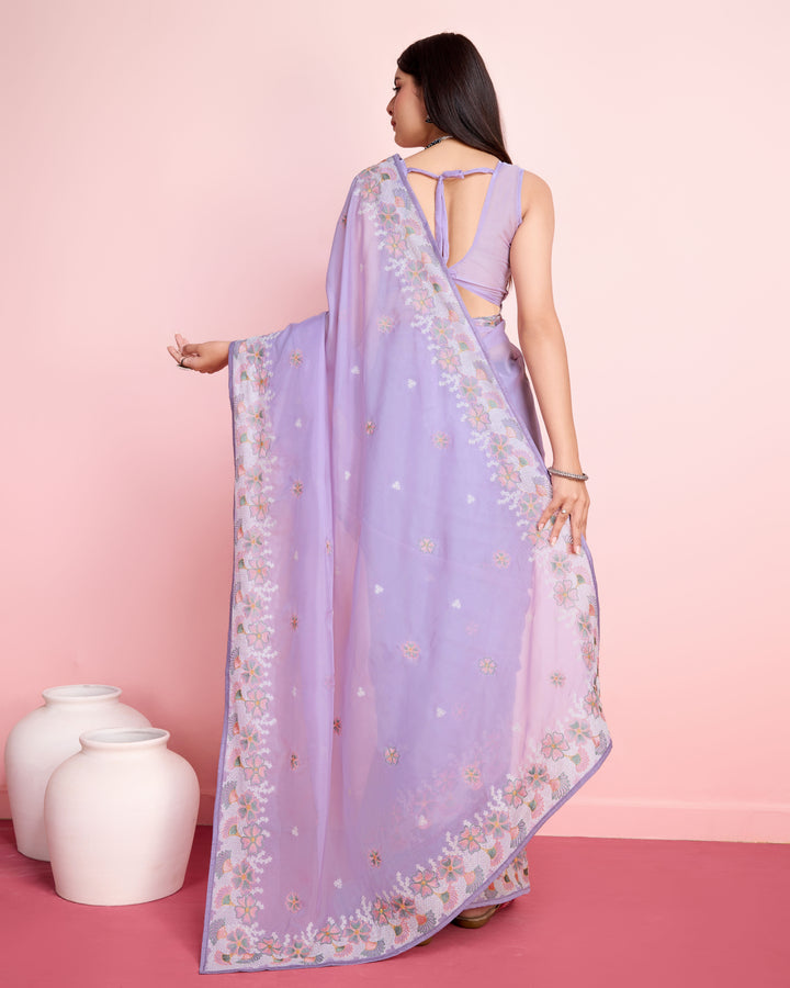 Elegant Organza Saree with Art-Silk Blouse | Thread Embroidery for Weddings