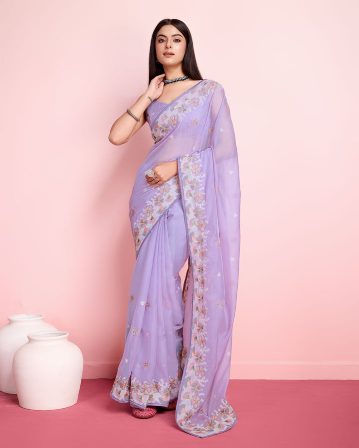 Elegant Organza Saree with Art-Silk Blouse | Thread Embroidery for Weddings