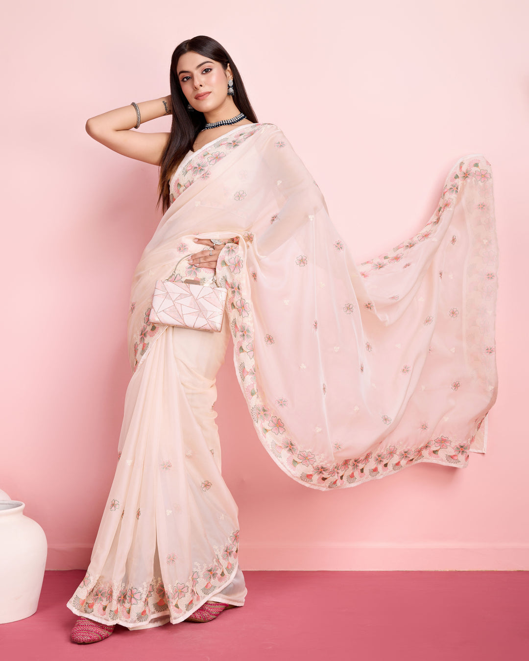 Elegant Organza Saree with Art-Silk Blouse | Thread Embroidery for Weddings