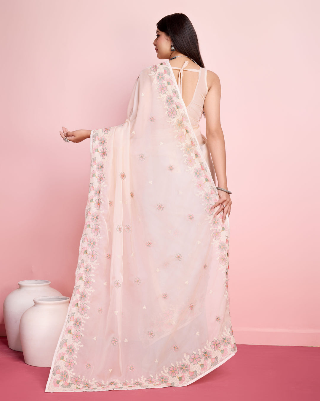 Elegant Organza Saree with Art-Silk Blouse | Thread Embroidery for Weddings