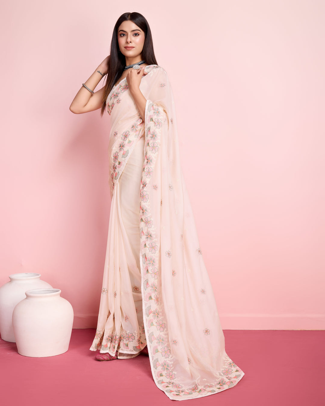 Elegant Organza Saree with Art-Silk Blouse | Thread Embroidery for Weddings