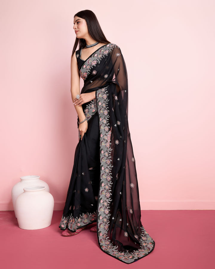 Elegant Organza Saree with Art-Silk Blouse | Thread Embroidery for Weddings