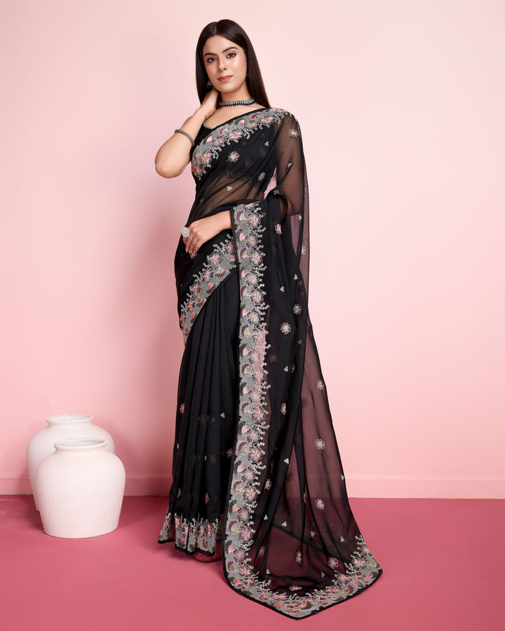 Elegant Organza Saree with Art-Silk Blouse | Thread Embroidery for Weddings