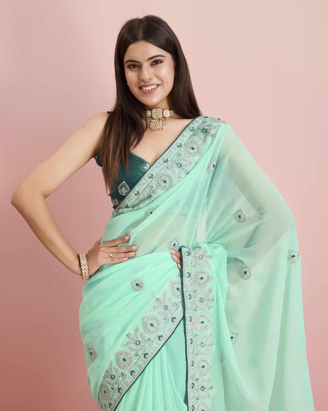 Designer Georgette Saree with Art-Silk Blouse | Embroidery for Wedding & Festive