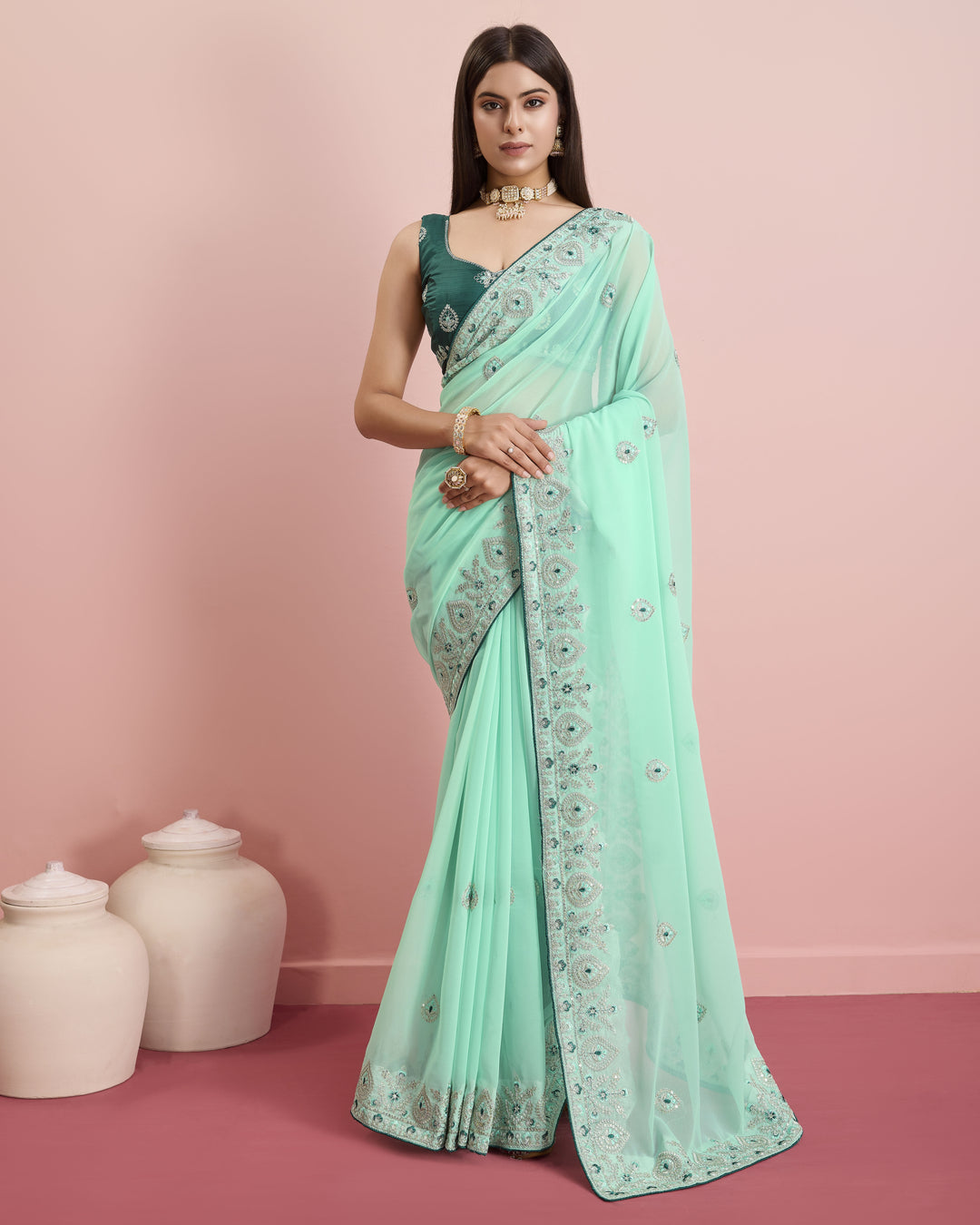 Designer Georgette Saree with Art-Silk Blouse | Embroidery for Wedding & Festive