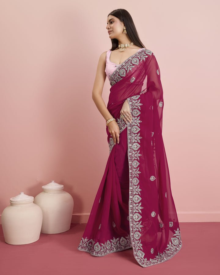 Designer Georgette Saree with Art-Silk Blouse | Embroidery for Wedding & Festive