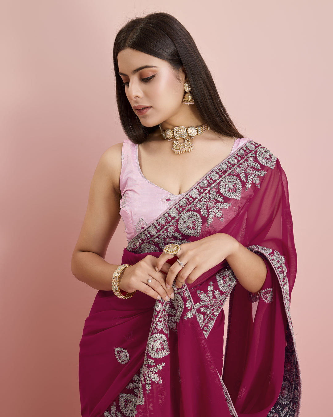 Designer Georgette Saree with Art-Silk Blouse | Embroidery for Wedding & Festive