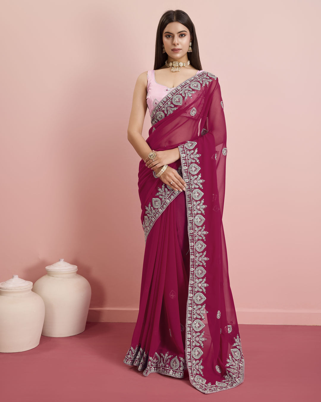 Designer Georgette Saree with Art-Silk Blouse | Embroidery for Wedding & Festive