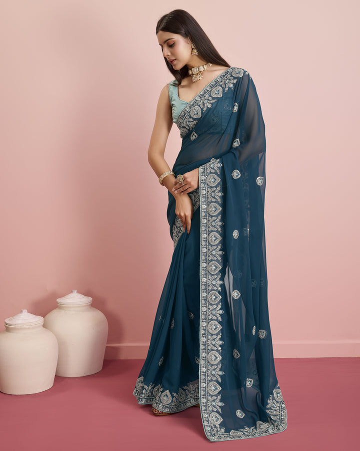 Designer Georgette Saree with Art-Silk Blouse | Embroidery for Wedding & Festive