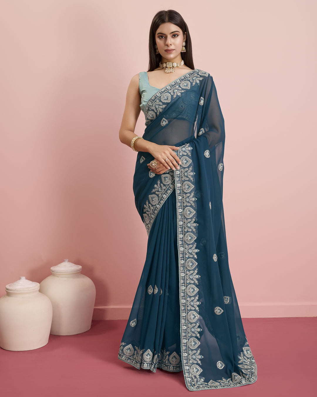 Designer Georgette Saree with Art-Silk Blouse | Embroidery for Wedding & Festive