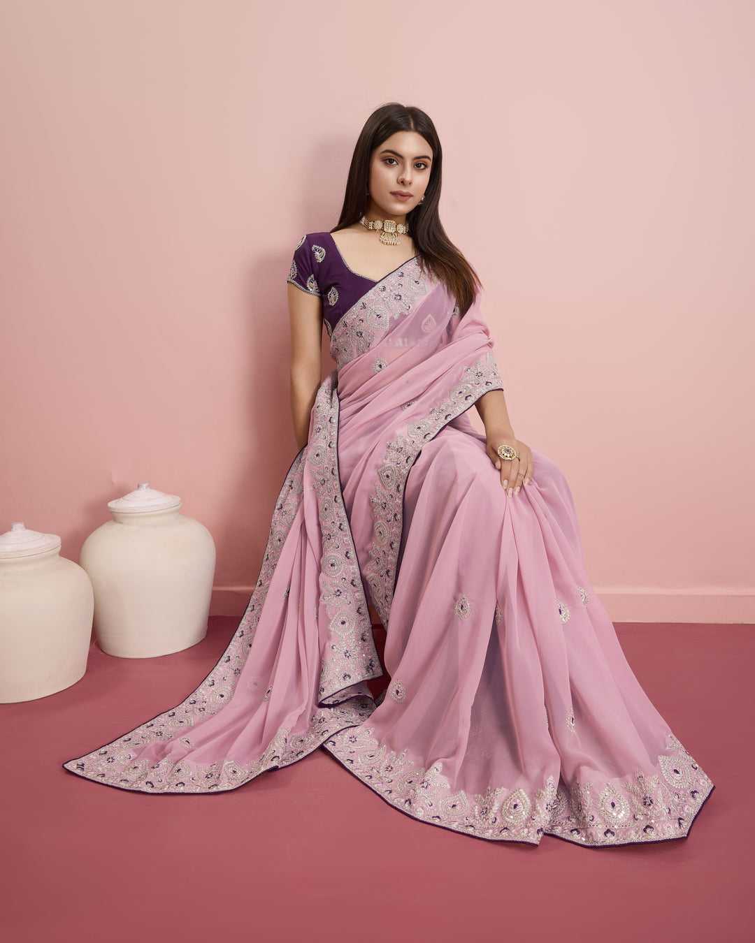 Designer Georgette Saree with Art-Silk Blouse | Embroidery for Wedding & Festive