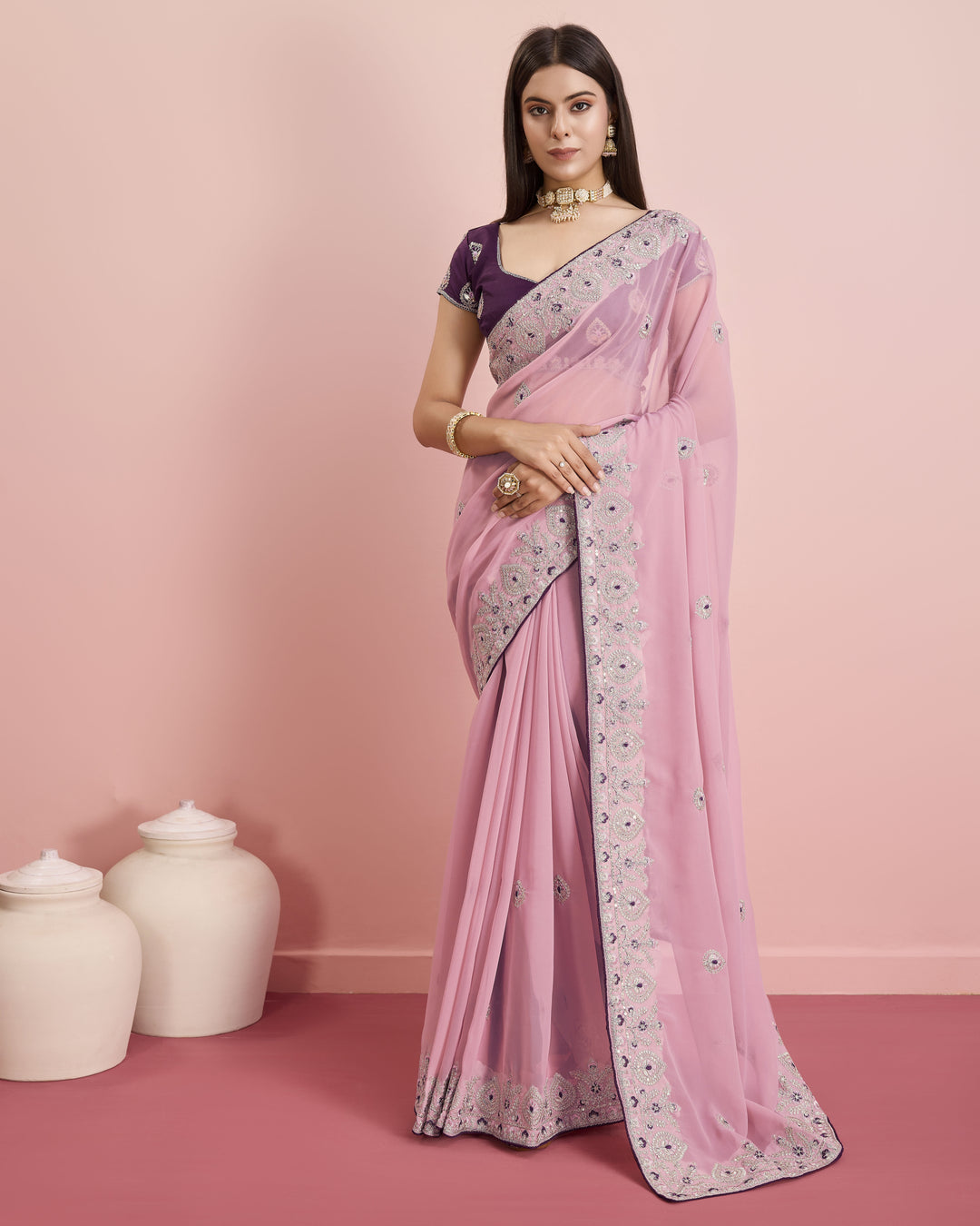 Designer Georgette Saree with Art-Silk Blouse | Embroidery for Wedding & Festive