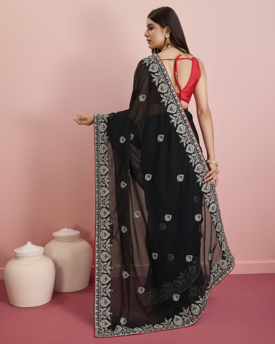 Designer Georgette Saree with Art-Silk Blouse | Embroidery for Wedding & Festive