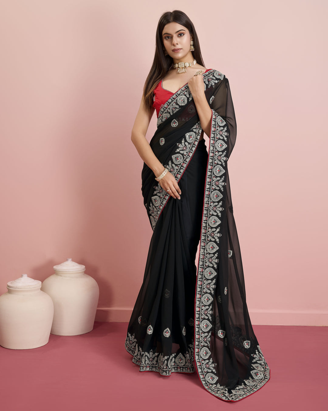 Designer Georgette Saree with Art-Silk Blouse | Embroidery for Wedding & Festive