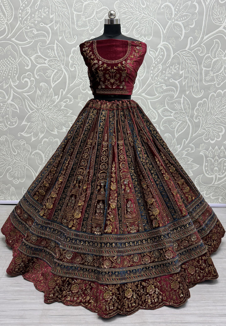 Luxurious Maroon Velvet Lehenga | Designer Patch-Work & Sequins