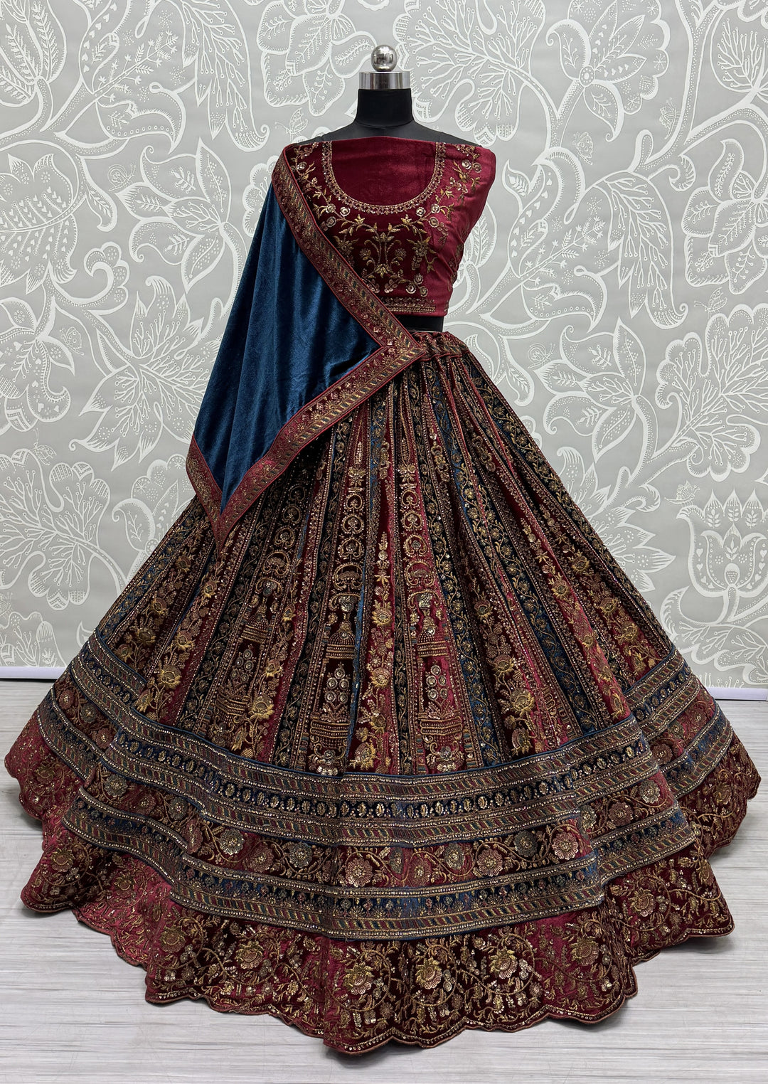 Luxurious Maroon Velvet Lehenga | Designer Patch-Work & Sequins