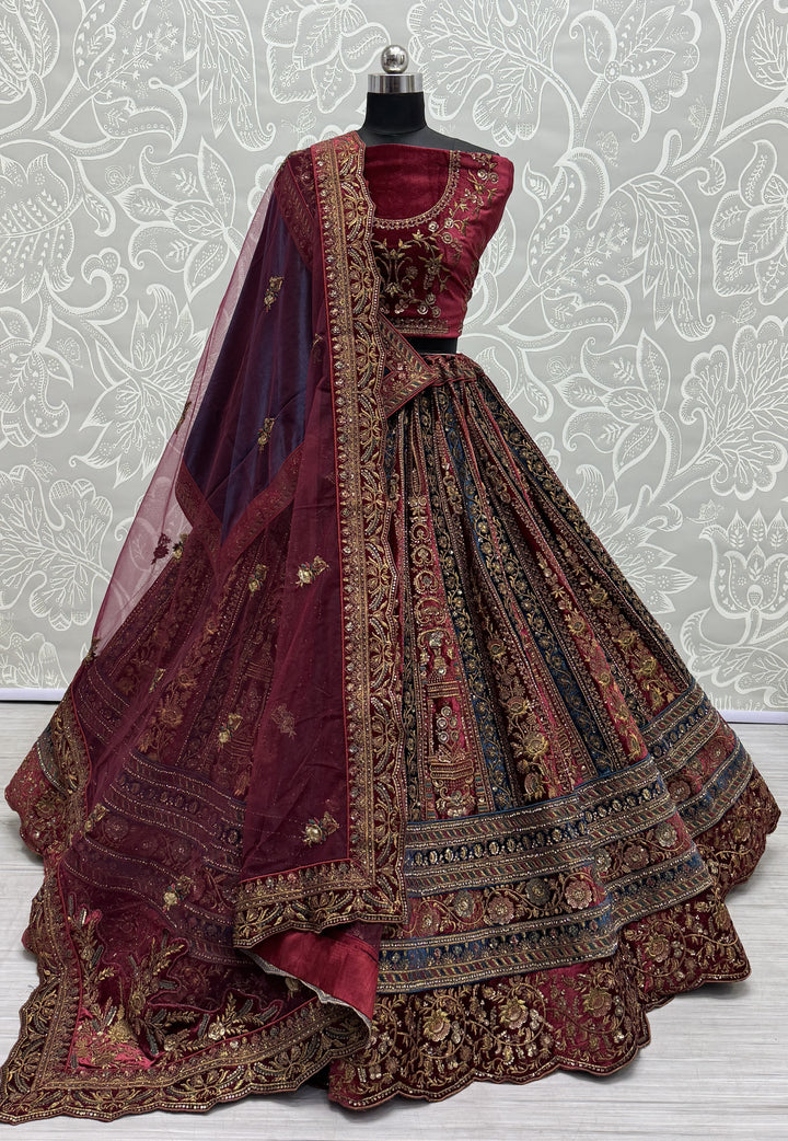 Luxurious Maroon Velvet Lehenga | Designer Patch-Work & Sequins