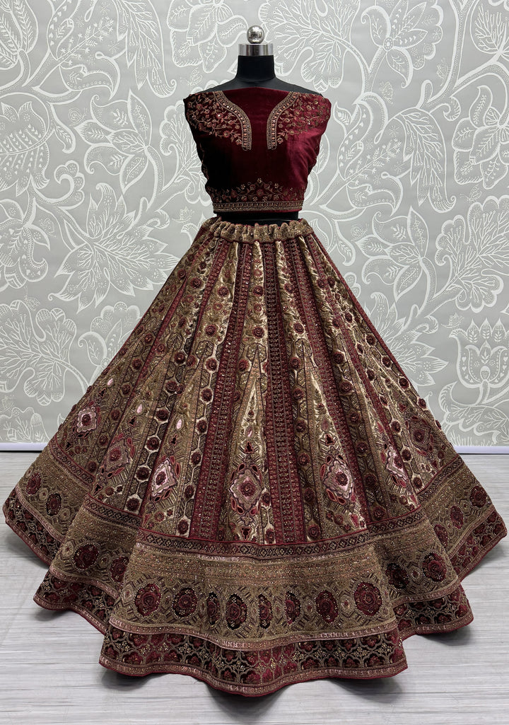 Elegant Beige Velvet Lehenga | Dori-Work, Jari & Sequins Embellishments