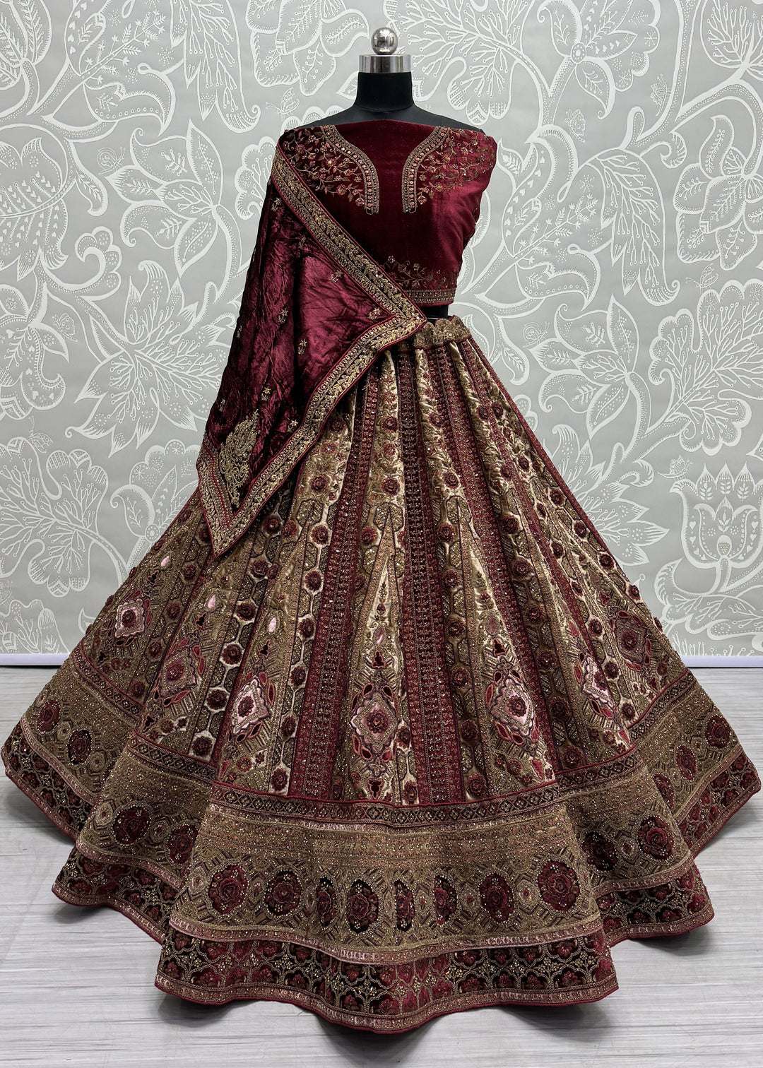 Elegant Beige Velvet Lehenga | Dori-Work, Jari & Sequins Embellishments