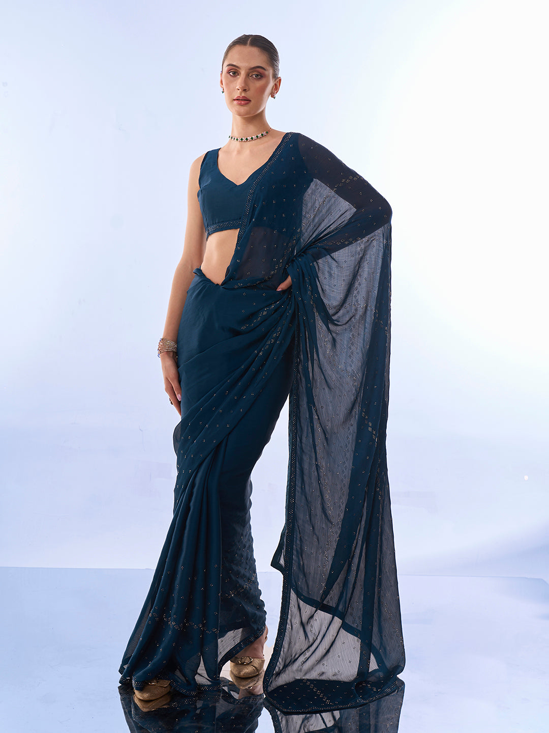 Satin-Chiffon Saree with Swarovski-Designer-Work | Art-Silk Blouse for Weddings