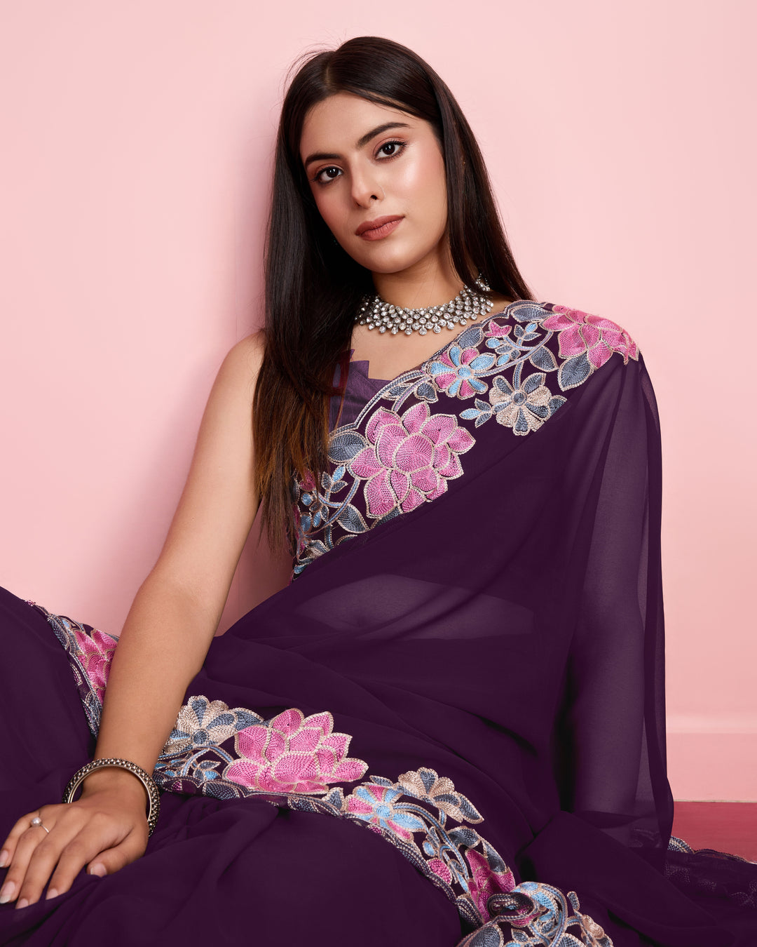 Georgette Saree with Multy-Thread Embroidery | Art-Silk Blouse for Events