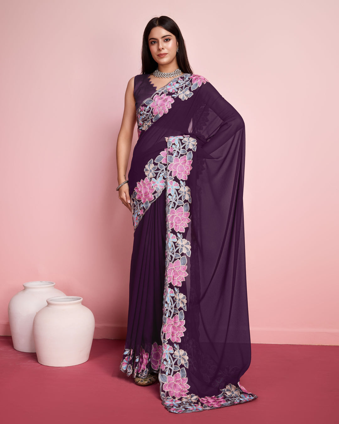 Georgette Saree with Multy-Thread Embroidery | Art-Silk Blouse for Events