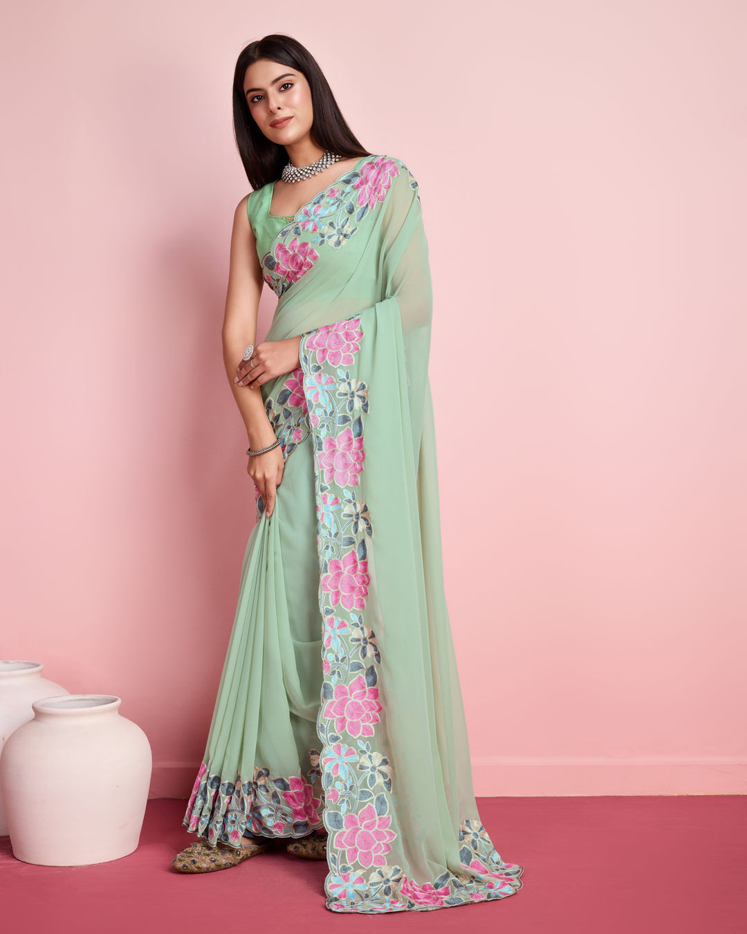 Georgette Saree with Multy-Thread Embroidery | Art-Silk Blouse for Events