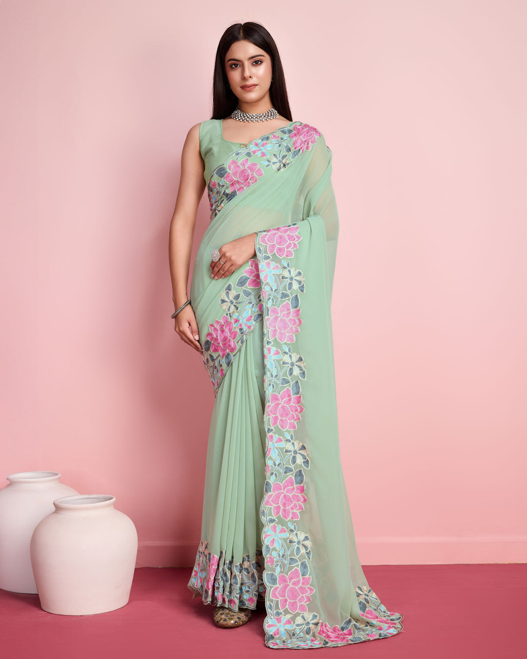 Georgette Saree with Multy-Thread Embroidery | Art-Silk Blouse for Events