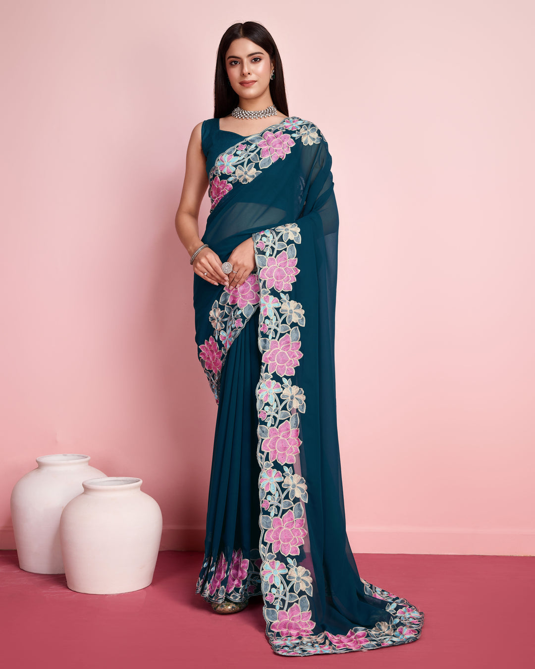 Georgette Saree with Multy-Thread Embroidery | Art-Silk Blouse for Events