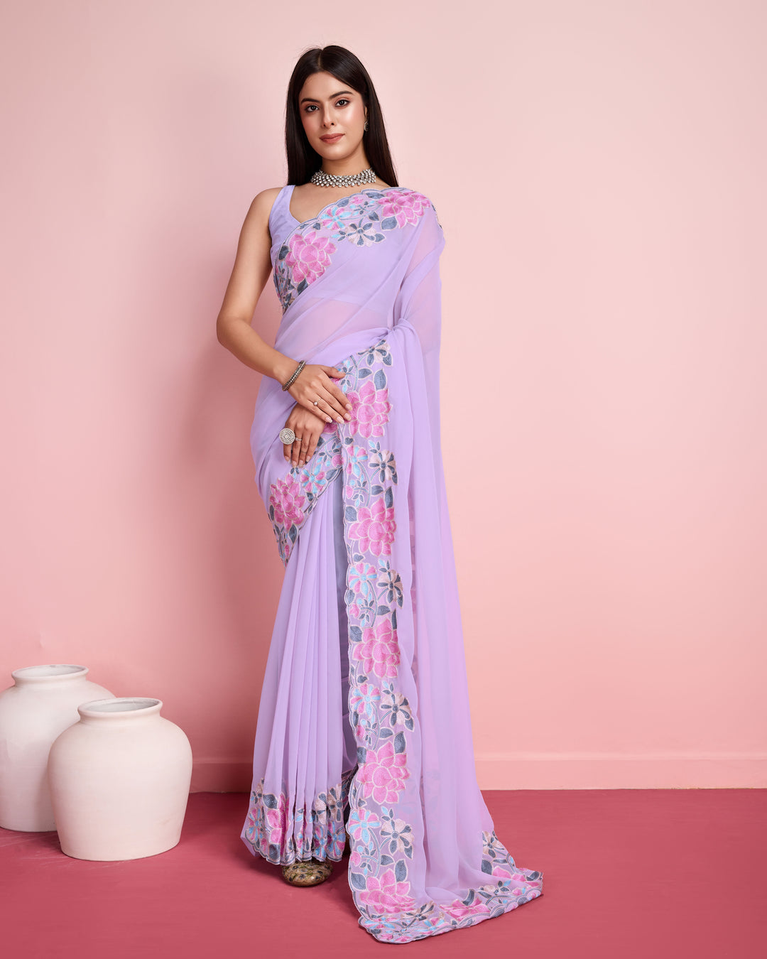 Georgette Saree with Multy-Thread Embroidery | Art-Silk Blouse for Events