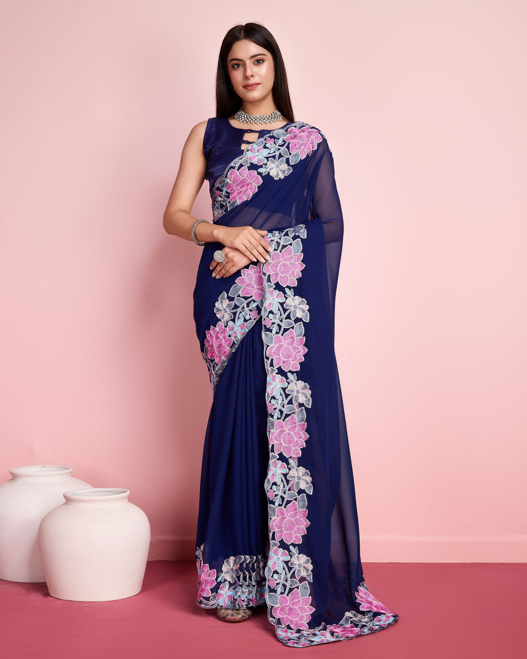 Georgette Saree with Multy-Thread Embroidery | Art-Silk Blouse for Events