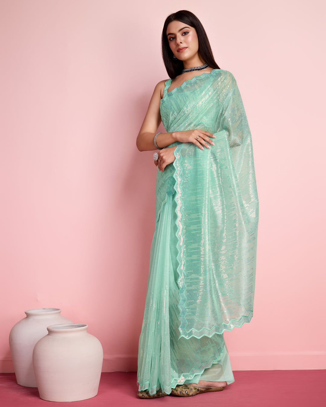 Elegant Silver Twill Saree with Sequined Thread Embroidery | Special Event Wear