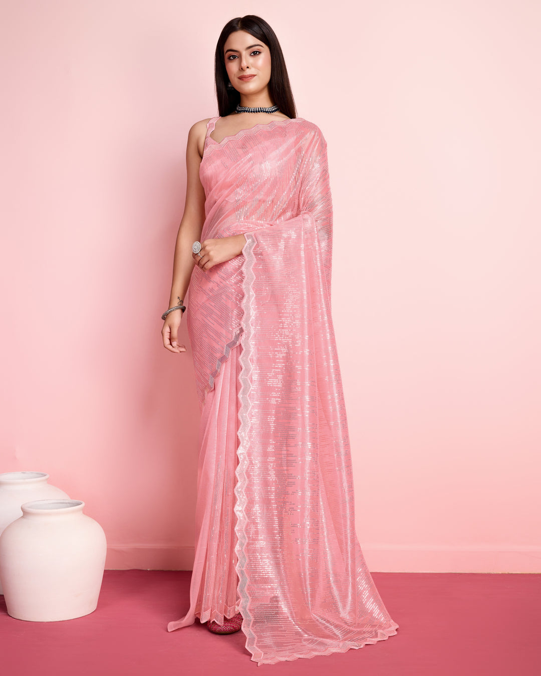 Elegant Silver Twill Saree with Sequined Thread Embroidery | Special Event Wear