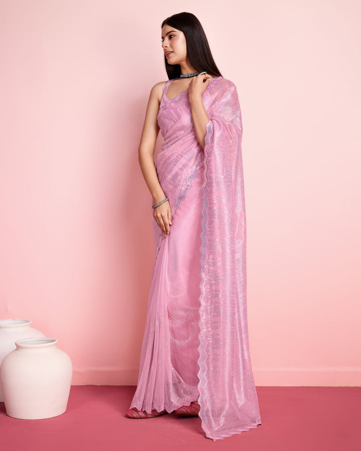 Elegant Silver Twill Saree with Sequined Thread Embroidery | Special Event Wear