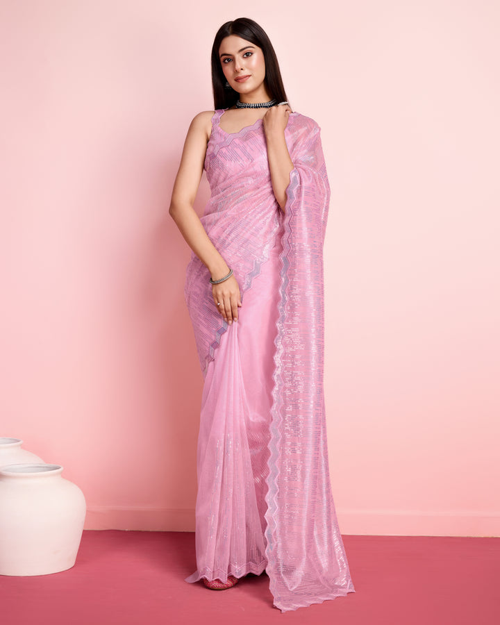 Elegant Silver Twill Saree with Sequined Thread Embroidery | Special Event Wear