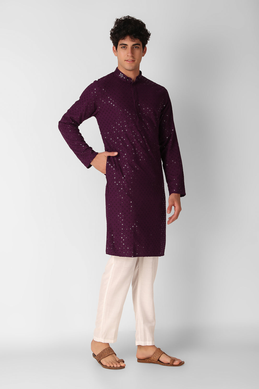 Men's Cotton Kurta with Sequin Embroidery | Designer Traditional Wear