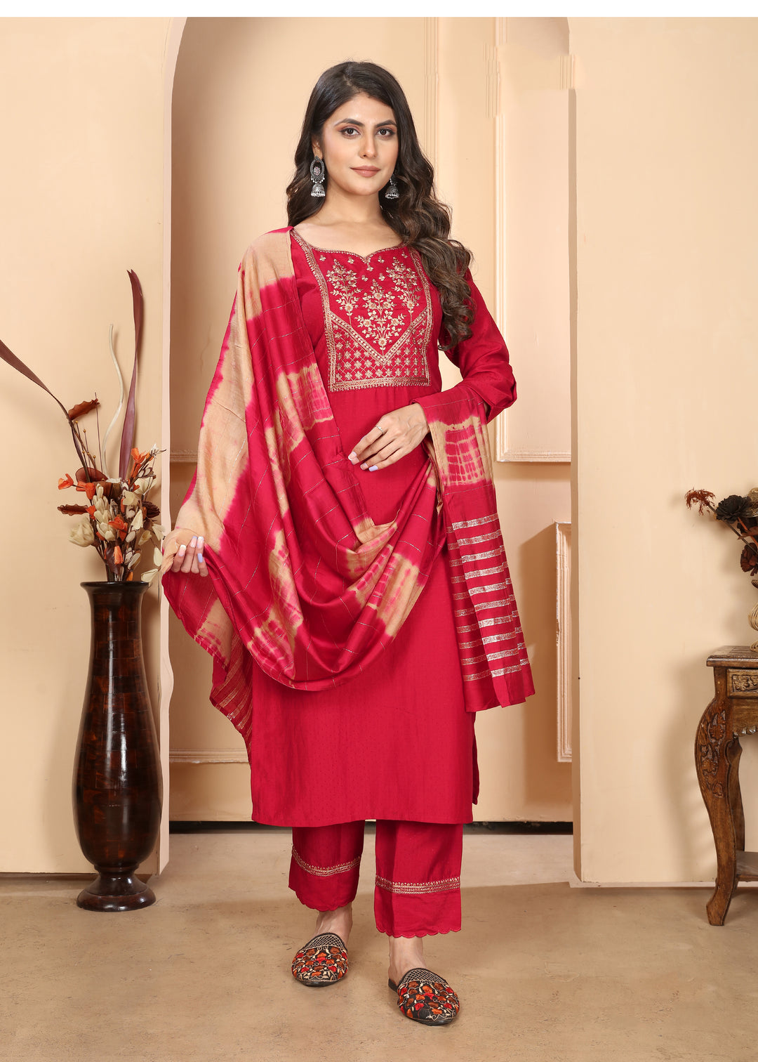 Red Vertical Silk Salwar Kameez with Intricate Embroidery | Perfect Festive Wear