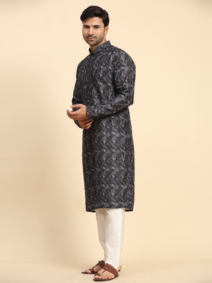 Black Rado Cotton Designer Digital Printed Kurta for Men | Festive Wear