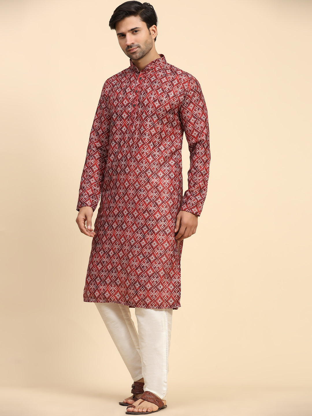 Red Rado Cotton Designer Kurta for Men | Digital Printed Festive Wear