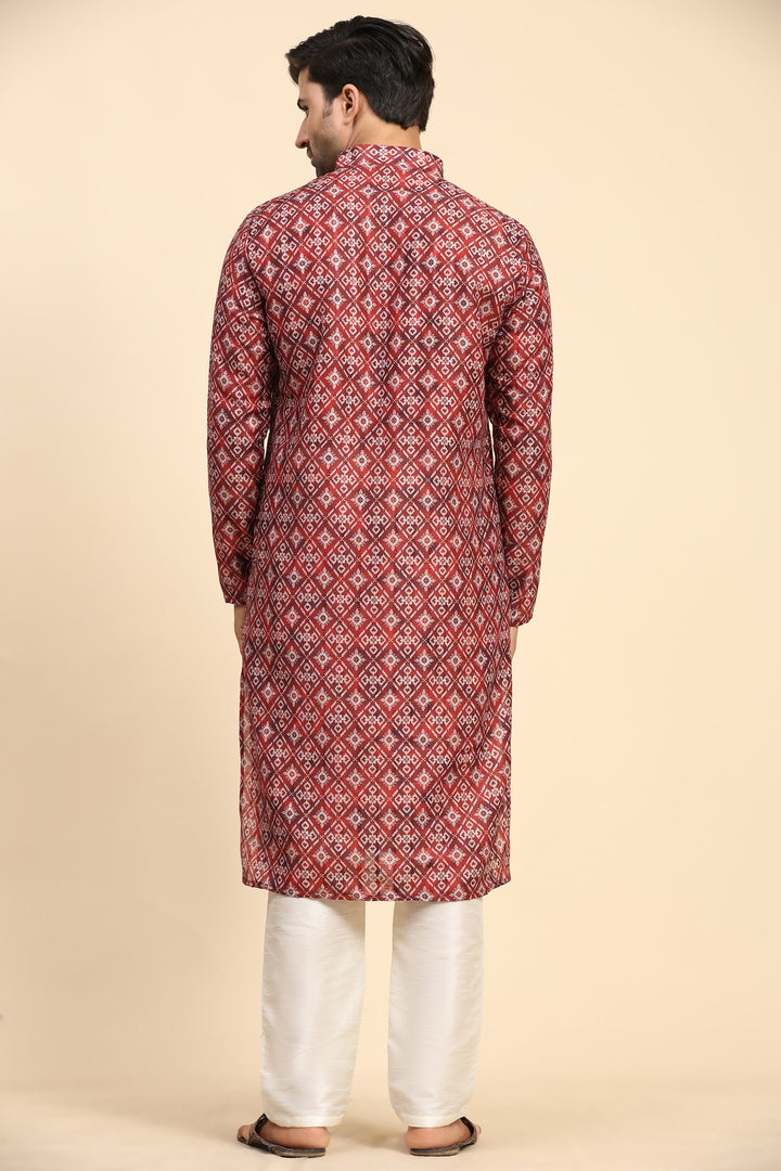 Red Rado Cotton Designer Kurta for Men | Digital Printed Festive Wear