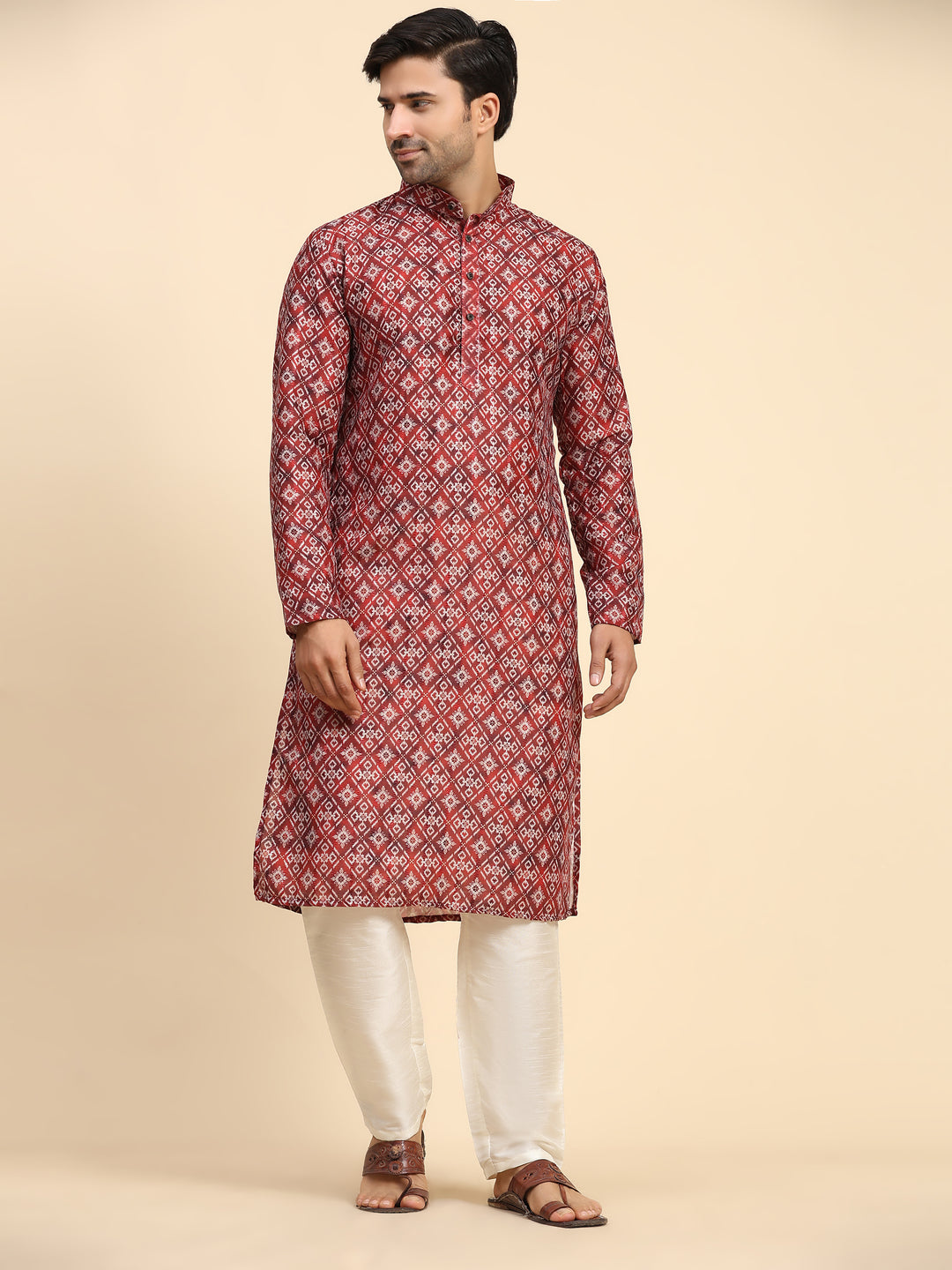 Red Rado Cotton Designer Kurta for Men | Digital Printed Festive Wear