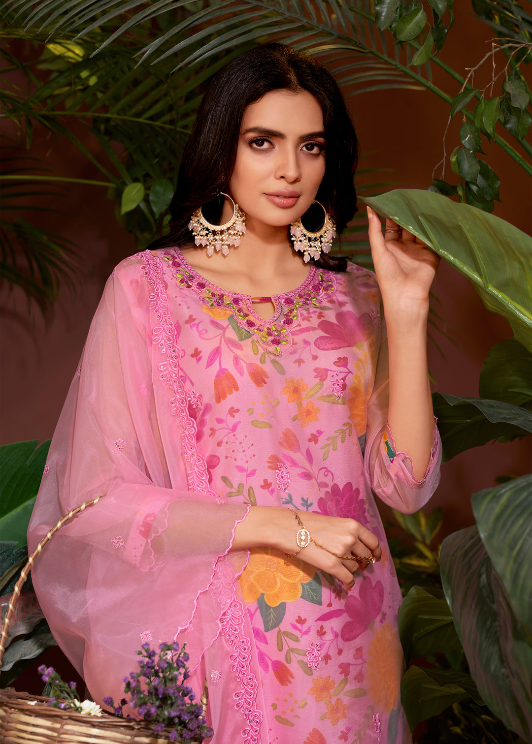 Stunning Organza Salwar Kameez with Floral Print and Embroidered Neckline | Perfect Festive Wear