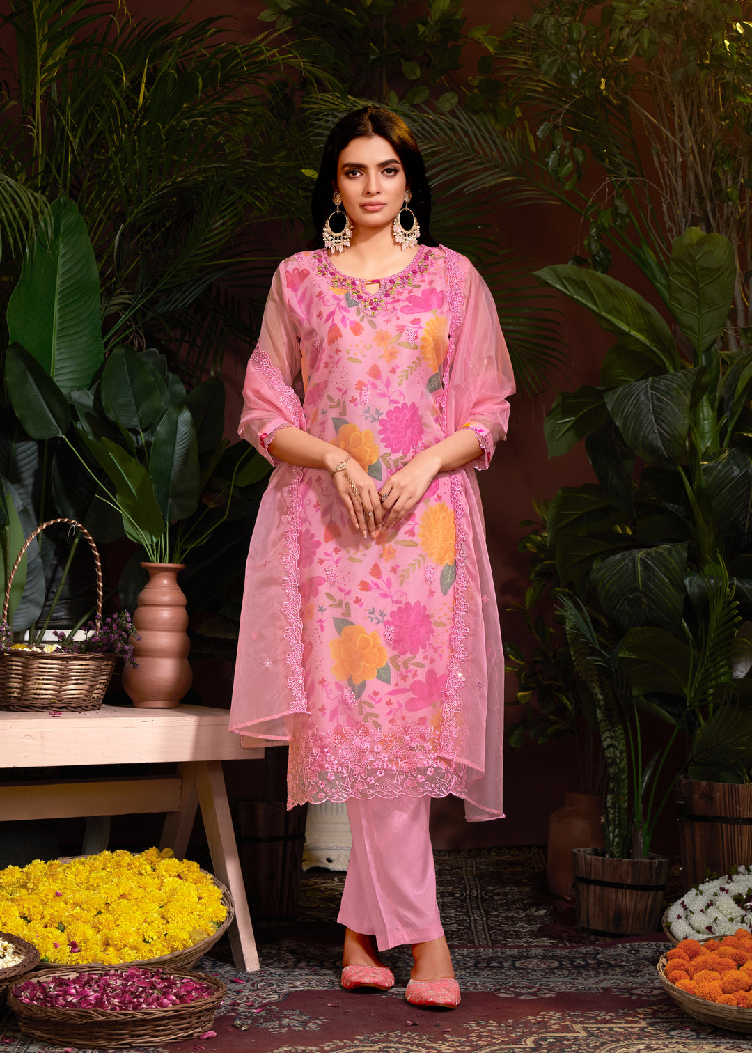 Stunning Organza Salwar Kameez with Floral Print and Embroidered Neckline | Perfect Festive Wear