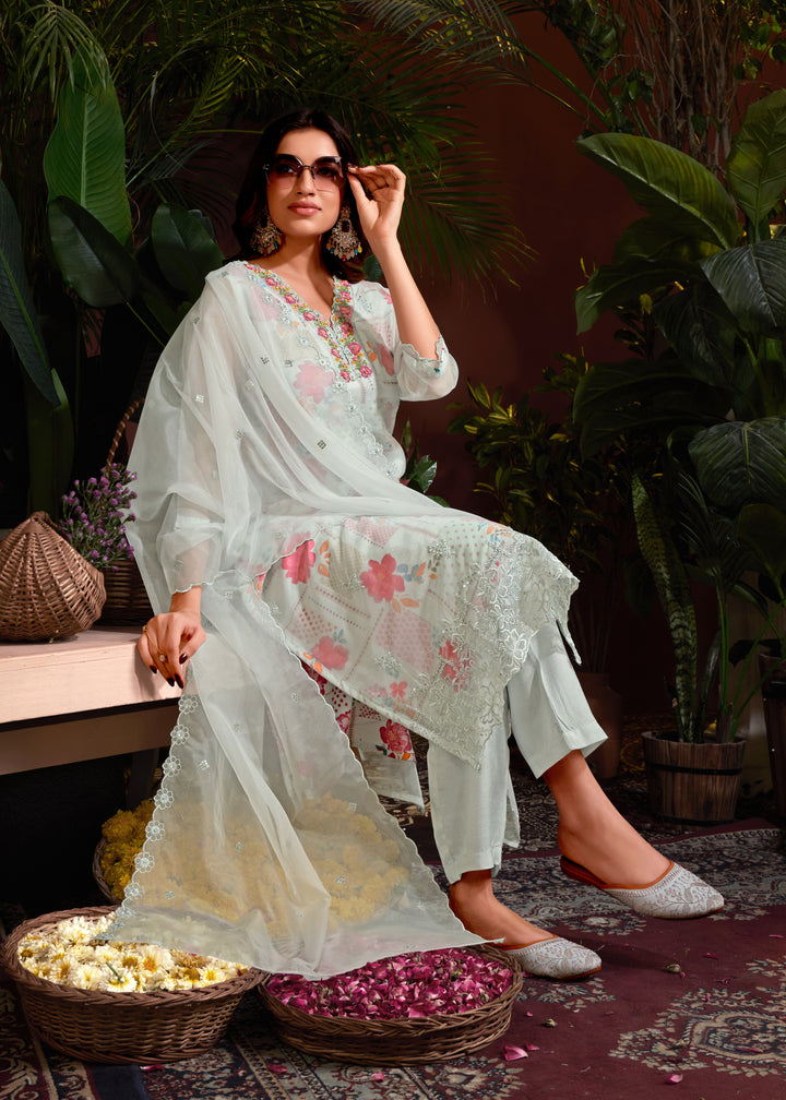 Stunning Organza Salwar Kameez with Floral Print and Embroidered Neckline | Perfect Festive Wear