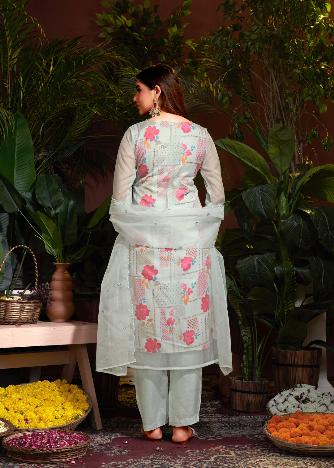 Stunning Organza Salwar Kameez with Floral Print and Embroidered Neckline | Perfect Festive Wear