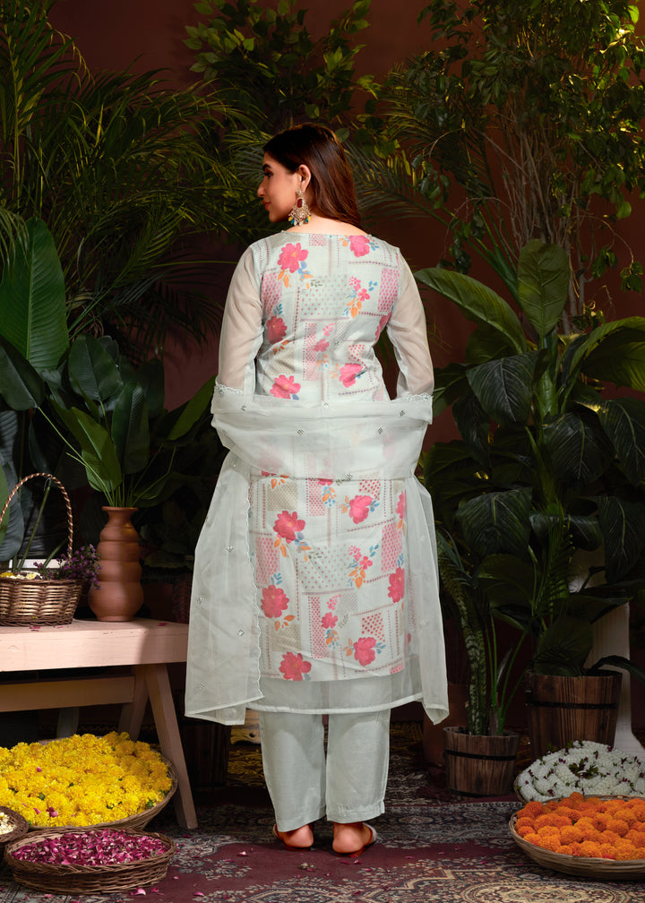 Stunning Organza Salwar Kameez with Floral Print and Embroidered Neckline | Perfect Festive Wear